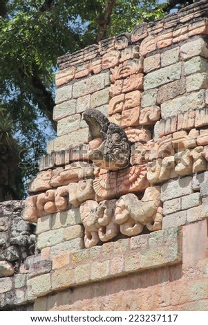 Copan, Honduras: iconic macaw-shaped stone marker in the ball game court in Copan, one of the most important Mayan archaeological sites. UNESCO World Heritage Site.