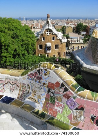 Barcelona: Beautiful seats made of ceramic mosaic tiles in Park Guell, the famous and beautiful park designed by Antoni Gaudi, one of the highlights of the city