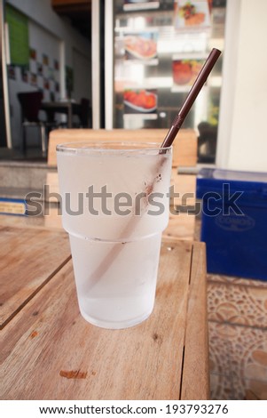 Glass of cool water on wood table