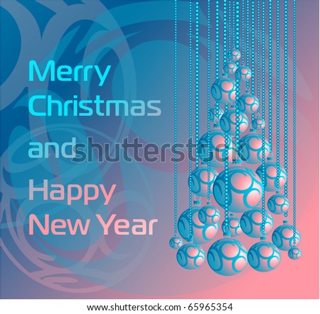 Abstract Christmas tree from beautiful xmas balls - Merry Christmas and Happy New Year. Blue-pink background in pastel tones. Xmas bells hanging on pearl beads. Vector illustration, eps10