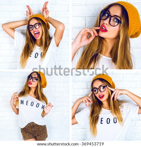 Bright collage of happy pretty funny hipster girl, having fun alone near brick wall, crazy faces, glasses, hat, set of woman student portraits, instagram style.