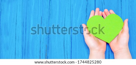 Top view of green heart in hands of child on wooden blue background. Copy space. Banner for site.