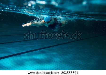 Female swimmer at the swimming pool.Underwater photo.