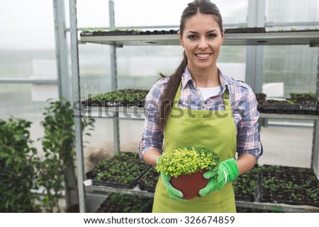 Female florist working in her greenhouse,selecting flowers.