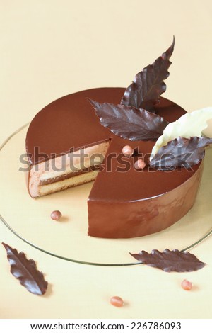 Chocolate Hazelnut Mousse Cake decorated with chocolate leaves, on yellow background.