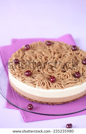 Chestnut Multi-Layered Mousse Cake on a bright purple napkin and on a light purple background.