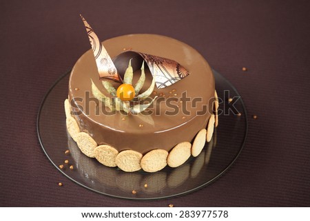 Yellow Plum and Hazelnut Entremet Cake, decorated with chocolate curl, marzipan tuile cookies and physalis, on a dark brown background.