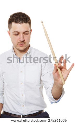 A guy with a drumstick in hand teaches how to keep it on a white background