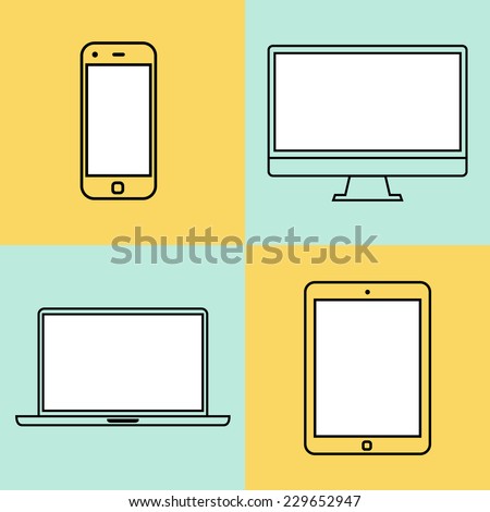 Laptop tablet computer monitor and smartphone flat design template elements for web and mobile applications Stroke thin line flat minimalistic style Vector illustration eps10 Laptop tablet computer monitor and smartphone flat design template elements for web and mobile applications Stroke thin line flat minimalistic style Vector illustration eps10