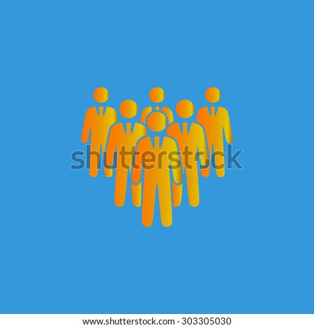 Leader standing in front of corporate crowd. Simple flat icon on blue background