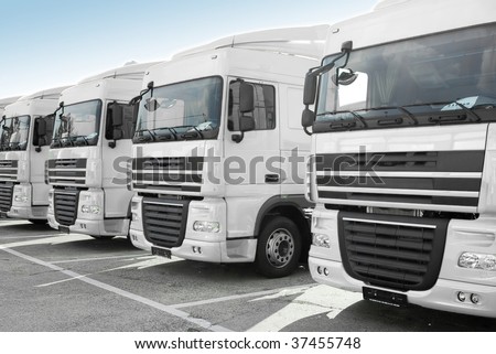 White trucks stand in line