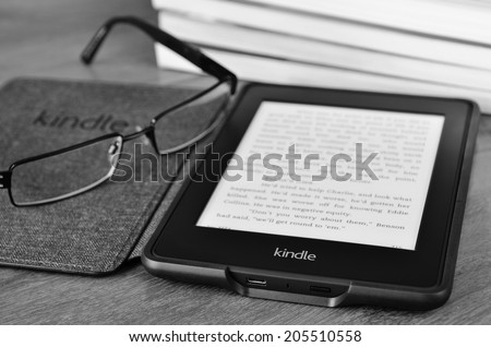 LEEDS - JULY 16: Amazon Kindle paper white e book reader. July 16, 2014 in Leeds, UK.