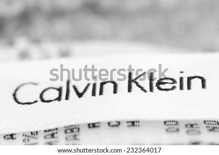 LEEDS - NOVEMBER 16: Calvin Klein label on a grey woolen garment. November 16, 2014 in Leeds, UK.