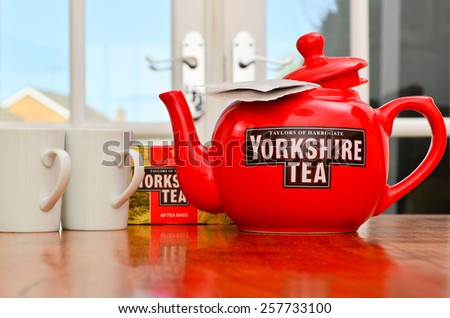 LEEDS - MARCH 04 : Yorkshire Tea teapot and teacups, 2015 in Leeds, UK.