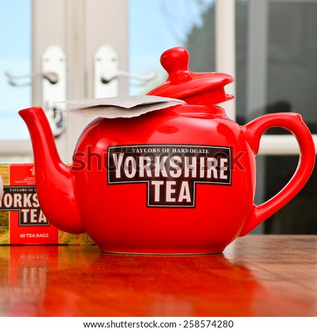 LEEDS - MARCH 04 : Yorkshire Tea teapot teabags. 2015 in Leeds, UK.