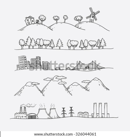 Vector illustration of  landscapes. Doodles hand-drawn style.