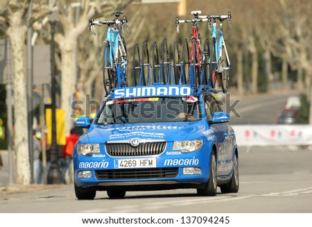 BARCELONA - MARCH, 24: Car assistance car of Argos Shimano Team during the Tour of Catalonia cycling race through the streets of Monjuich mountain in Barcelona on March 24, 2013