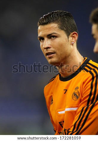 BARCELONA JAN 12 Cristiano Ronaldo of Real Madrid during the Spanish League match between Espanyol and Real Madrid at the Estadi Cornella on January 12 2014 in Barcelona Spain BARCELONA JAN 12 Cristiano Ronaldo of Real Madrid during the Spanish League match between Espanyol and Real Madrid at the Estadi Cornella on January 12 2014 in Barcelona Spain