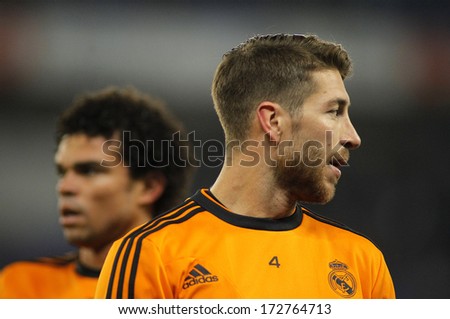 BARCELONA - JAN, 12: Sergio Ramos of Real Madrid during the Spanish League match between Espanyol and Real Madrid at the Estadi Cornella on January 12, 2014 in Barcelona, Spain