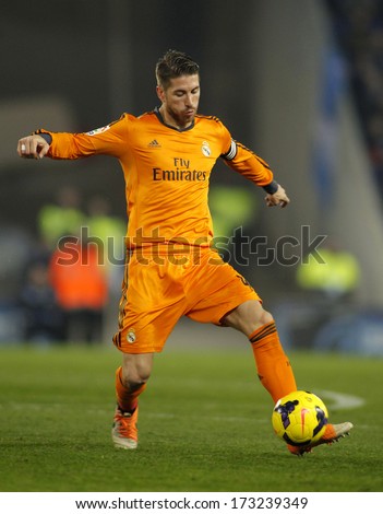 BARCELONA - JAN, 12: Sergio Ramos of Real Madrid during the Spanish League match between Espanyol and Real Madrid at the Estadi Cornella on January 12, 2014 in Barcelona, Spain