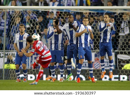 BARCELONA-APRL, 27: RCD Espanyol players on the wall of the free kick launched by UD Almeria during a Spanish League match at the Estadi Cornella on April 27, 2014 in Barcelona, Spain