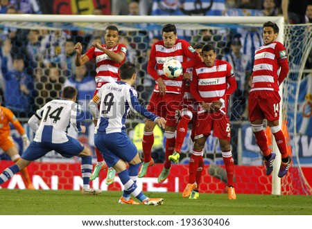 BARCELONA-APRL, 27: UD Almeria players on the wall of the free kick launched by Sergio Graica of RCD Espanyol during a Spanish League match at the Estadi Cornella on April 27, 2014 in Barcelona, Spain