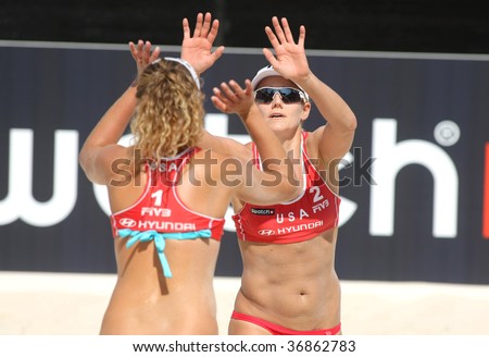 BARCELONA - SEPT. 10: North Americans beach Volley players April Ross & Jennifer Kessy celebrates a point during the Beach Volley World Tour 09 at monjuich September 10, 2009 in Barcelona, Spain.