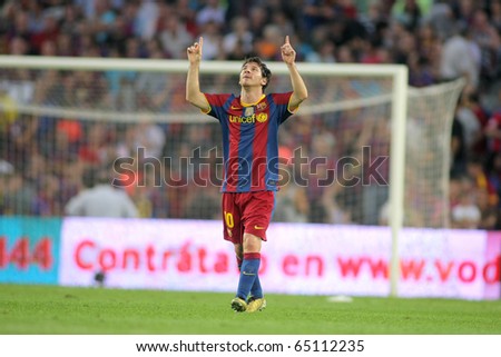 BARCELONA OCT 3 Leo Messi of FC Barcelona celebrates goal during spanish league match between FC Barcelona and RCD Mallorca at Nou Camp Stadium in Barcelona Spain October 3 2010 BARCELONA OCT 3 Leo Messi of FC Barcelona celebrates goal during spanish league match between FC Barcelona and RCD Mallorca at Nou Camp Stadium in Barcelona Spain October 3 2010