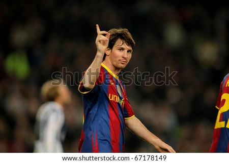 BARCELONA DEC 12 Leo Messi of Barcelona celebrates goal during a Spanish League match between FC Barcelona and Real Sociedad at the Nou Camp Stadium on December 12 2010 in Barcelona Spain BARCELONA DEC 12 Leo Messi of Barcelona celebrates goal during a Spanish League match between FC Barcelona and Real Sociedad at the Nou Camp Stadium on December 12 2010 in Barcelona Spain