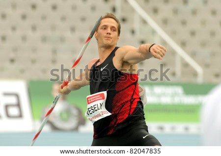 BARCELONA - JULY 22: Vitezslav Vesely of Czech Republic during Javelin Throw Event of Barcelona Athletics meeting at the Olympic Stadium on July 22, 2011 in Barcelona, Spain