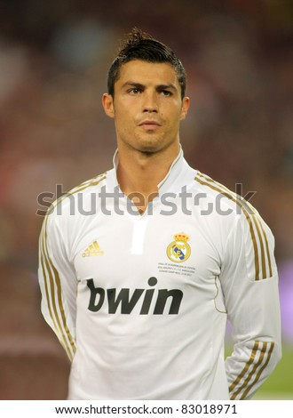 BARCELONA AUG 17 Cristiano Ronaldo of Real Madrid posing before the Spanish Supercup football match between Barcelona vs Real Madrid at the New Camp Stadium in Barcelona on August 17 2011 BARCELONA AUG 17 Cristiano Ronaldo of Real Madrid posing before the Spanish Supercup football match between Barcelona vs Real Madrid at the New Camp Stadium in Barcelona on August 17 2011