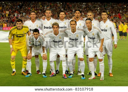 BARCELONA AUG 17 Real Madrid Team pose before the Spanish Supercup football match between Barcelona vs Real Madrid at the New Camp Stadium in Barcelona Spain on August 17 2011 BARCELONA AUG 17 Real Madrid Team pose before the Spanish Supercup football match between Barcelona vs Real Madrid at the New Camp Stadium in Barcelona Spain on August 17 2011