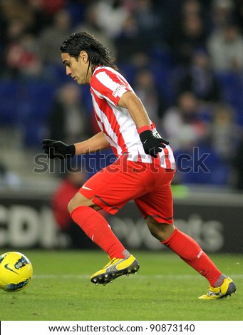 BARCELONA - DEC, 11: Radamel Falcao of Atletico Madrid in action  during a Spanish League match between Espanyol and Atletico Madrid at the Estadi Cornella on December 11, 2011 in Barcelona, Spain