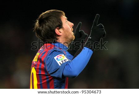BARCELONA FEB 4 Leo Messi of FC Barcelona celebrates goal during spanish league match between FC Barcelona vs Real Sociedad at the Camp Nou stadium on February 4 2012 in Barcelona Spain BARCELONA FEB 4 Leo Messi of FC Barcelona celebrates goal during spanish league match between FC Barcelona vs Real Sociedad at the Camp Nou stadium on February 4 2012 in Barcelona Spain