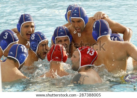 BARCELONA - MAY, 29: Pro Recco team waterpolo players before a LEN Champions League Final Six match against  Atletic Barceloneta at the Picornell Swimming pool on May 29 2015 in Barcelona Spain