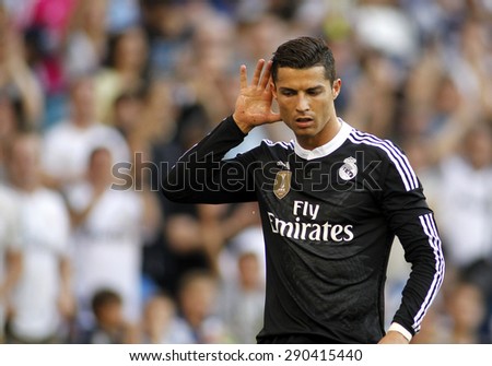 BARCELONA - MAY 17: Cristiano Ronaldo of Real Madrid celebrates a goal during a Spanish League match against RCD Espanyol at the Power8 stadium on May 17 2015 in Barcelona, Spain