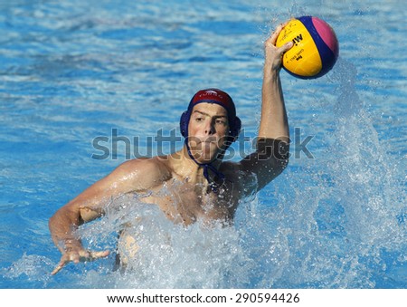 BARCELONA - MAY, 28: Ante Viskovic of Vaterpolski klub Jug Dubrovnik during a LEN Champions League Final Six match against ZF Eger at the Picornell Swimming pool on May 28 2015 in Barcelona Spain