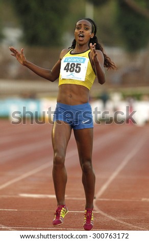BARCELONA - JULY, 8: Ethiopian athlete Genzebe Dibaba during 1500 meters of the Athletics International Meeting of Catalan Federation at the Serrahima Stadium on July 8 2015 in Barcelona, Spain