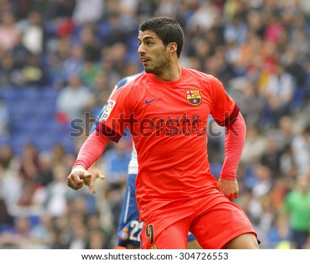 BARCELONA - APRIL, 25: Luis Suarez of FC Barcelona during a Spanish League match against RCD Espanyol at the Power8 stadium on April 25, 2015 in Barcelona, Spain