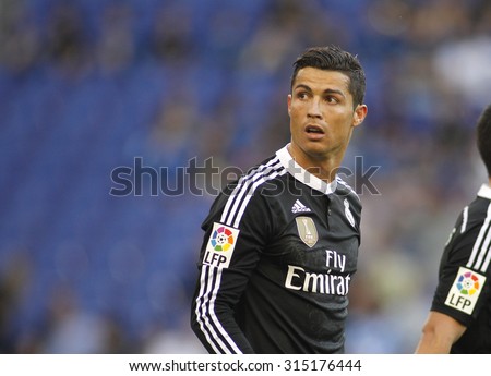 BARCELONA - MAY, 2015: Cristiano Ronaldo of Real Madrid of during a Spanish League match against RCD Espanyol at the Power8 stadium on Maig 17 2015 in Barcelona Spain