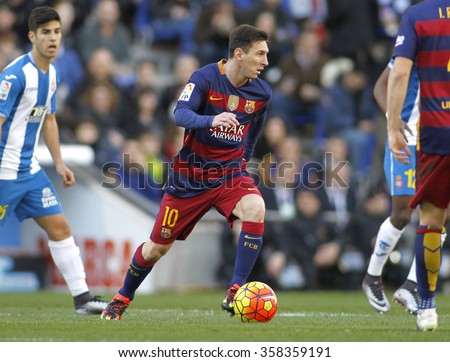 BARCELONA - JAN, 2: Leo Messi of FC Barcelona during a Spanish League match against RCD Espanyol at the Power8 stadium on January 2, 2016 in Barcelona, Spain
