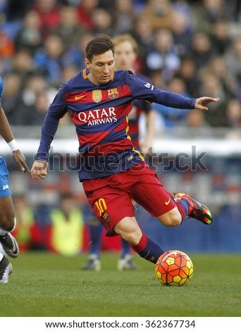 BARCELONA - JAN, 2: Leo Messi of FC Barcelona during a Spanish League match against RCD Espanyol at the Power8 stadium on January 2, 2016 in Barcelona, Spain