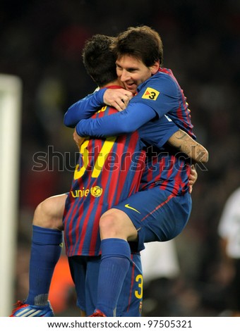 BARCELONA - FEB, 19: Leo Messi of FC Barcelona celebrating goal during the Spanish league match against Valencia CF at the Camp Nou stadium on February 19, 2012 in Barcelona, Spain