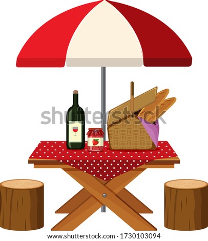 Picnic table with food and wine on white background illustration
