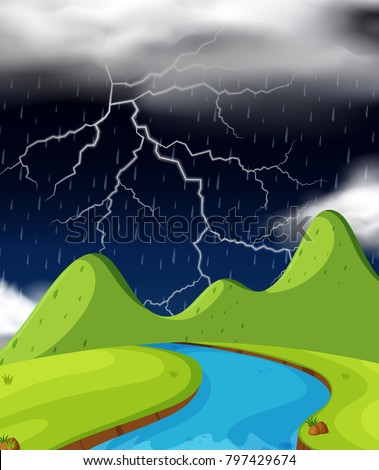 Nature scene with lightning and raining at night illustration