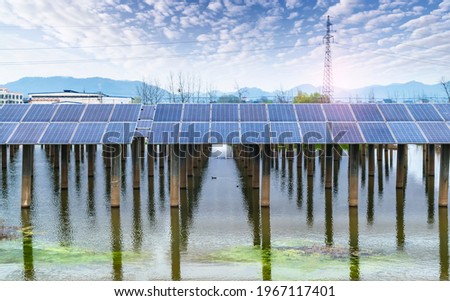 Solar power station on water,Ecological energy renewable solar panel plant electric power.