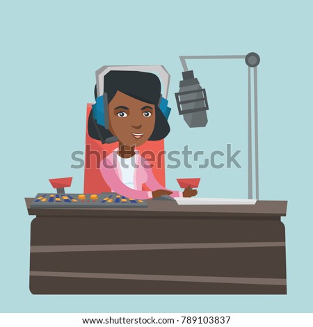 Young african-american radio host working in front of microphone and mixing console at radio studio. Radio host in headset using sound mixer at radio studio. Vector cartoon illustration. Square layout
