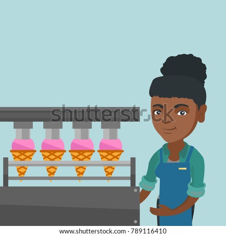 Young african-american woman working on an automatic production line of ice cream. Worker of ice-cream factory controlling the ice cream production process. Vector cartoon illustration. Square layout.