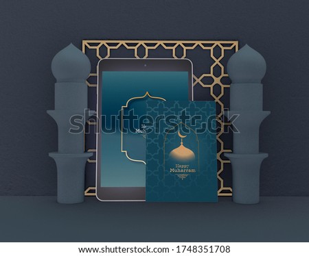 3D Illustration. Eid mubarak. Celebration of muslims community. Traditional islamic holiday. Digital tablet and greeting card.