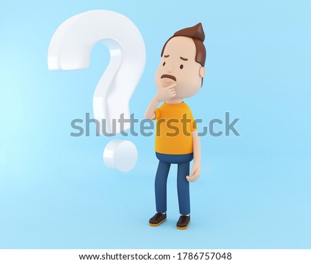 3D Illustration. Cartoon character confused and with a question mark on blue background.